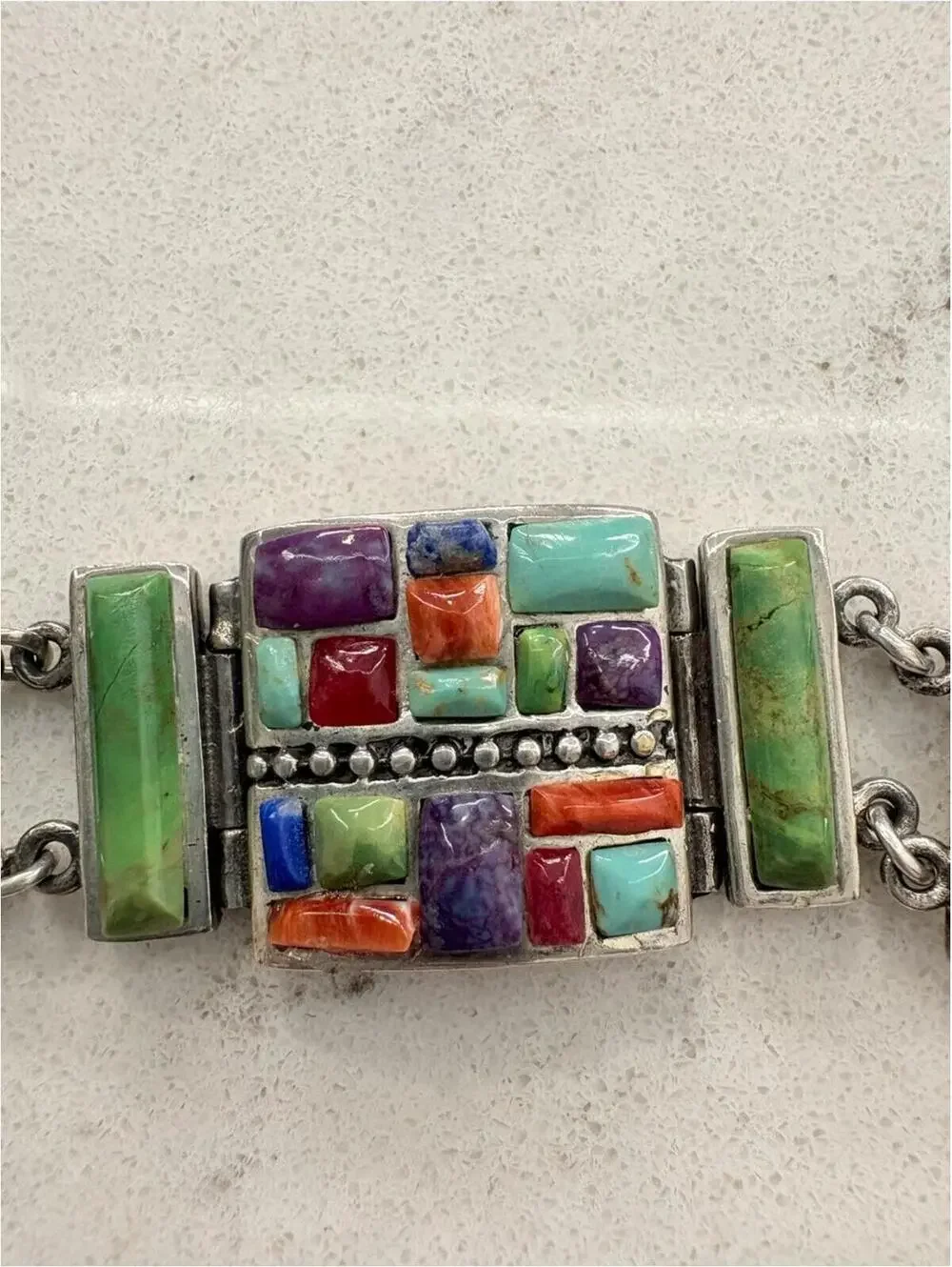 Multicolor Mexican Sterling Silver Tile Inlay Link Bracelet
